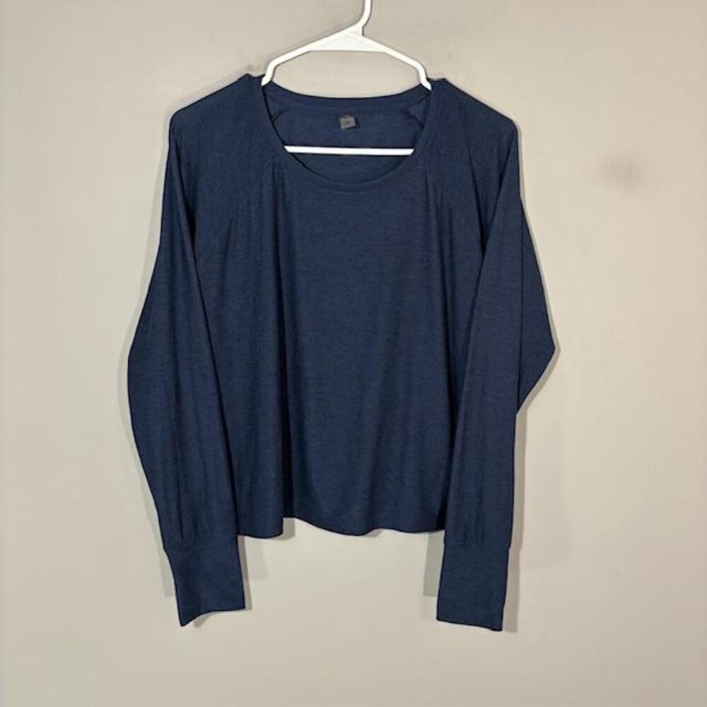 Beyond Yoga T-Shirt Womens Medium Blue Solid Stretch Scoop Neck Long Sleeve Top